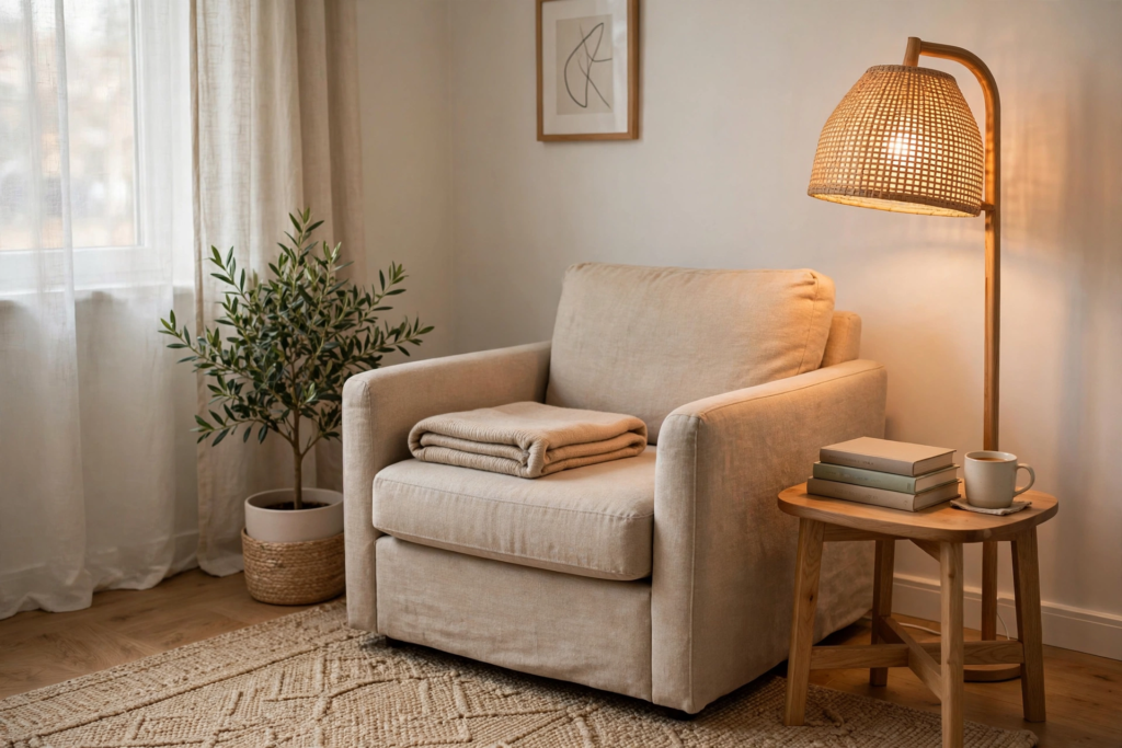 Decorating Ideas for the Home: 25 Stylish Ways to Refresh Every Room Reading nook decorating ideas for the home featuring a cozy beige armchair, rattan floor lamp, and wooden side table.