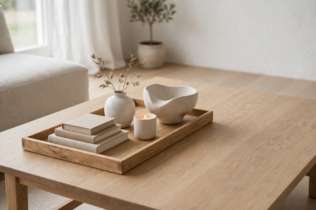 Decorating Ideas for the Home: 25 Stylish Ways to Refresh Every Room Coffee table decorating ideas for the home featuring a wooden styling tray with ceramic vessels and a lit candle.