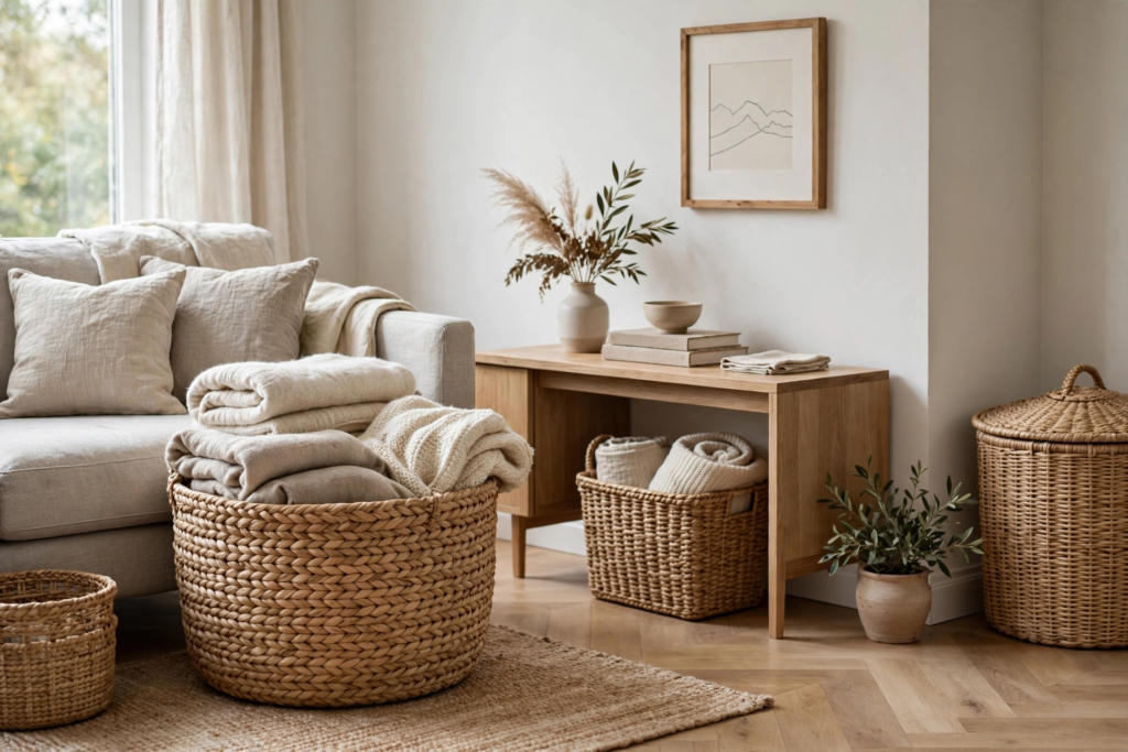 Decorating Ideas for the Home: 25 Stylish Ways to Refresh Every Room Basket storage decorating ideas for the home featuring woven baskets filled with blankets in a cozy living room.