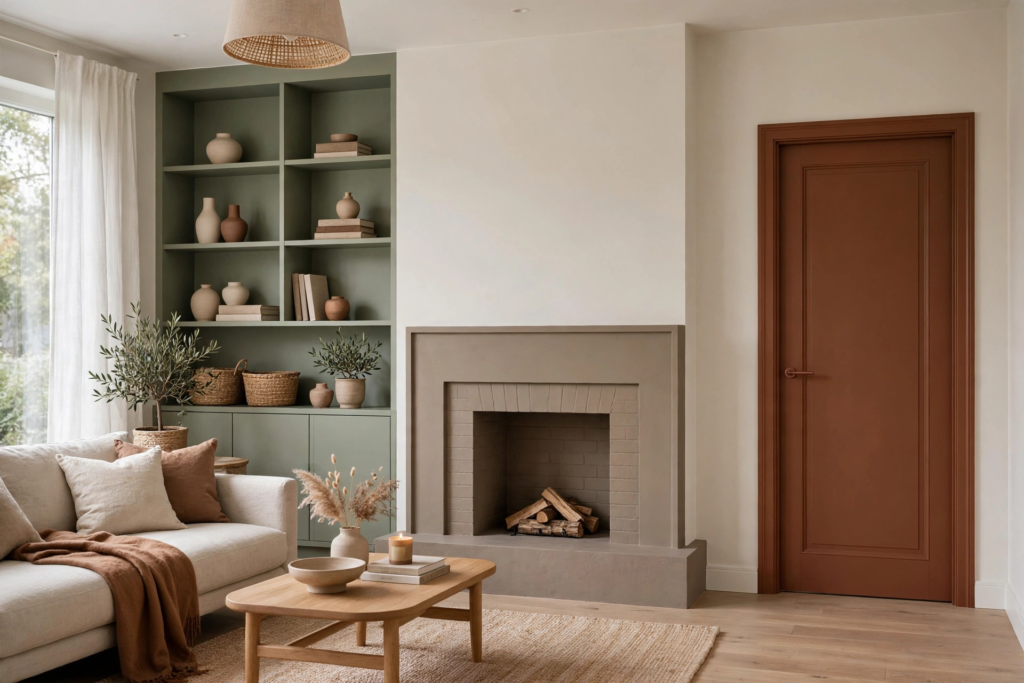 Decorating Ideas for the Home: 25 Stylish Ways to Refresh Every Room Modern living room decorating ideas for the home featuring sage green built-in bookshelves, an earth-toned fireplace, and terracotta accents.