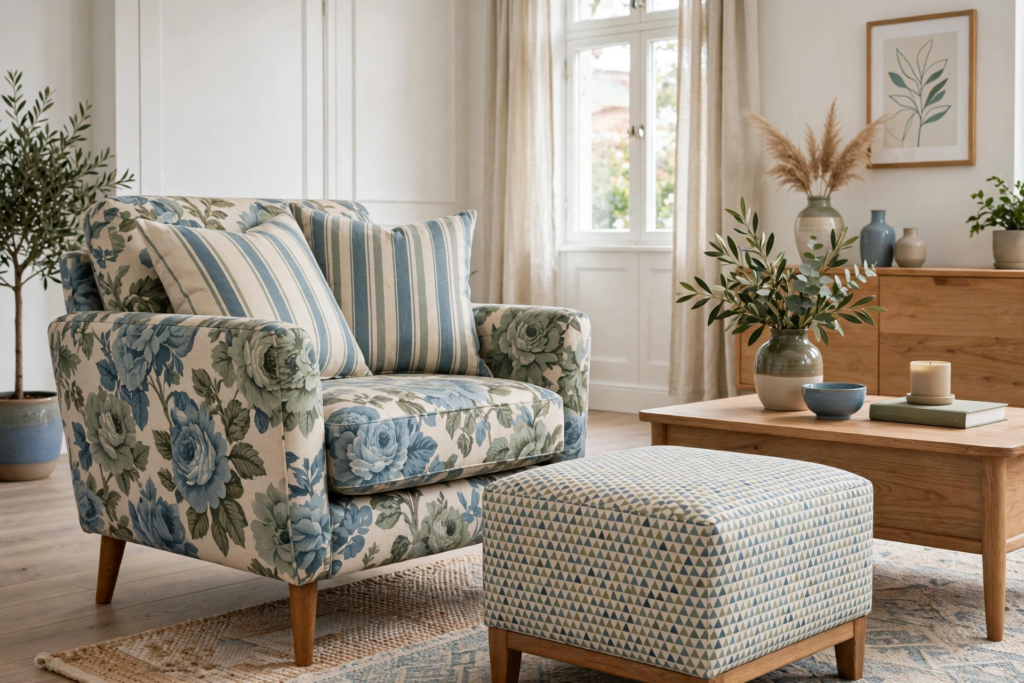 Decorating Ideas for the Home: 25 Stylish Ways to Refresh Every Room Cottagecore decorating ideas for the home featuring a blue floral accent armchair, patterned ottoman, and wooden coffee table.