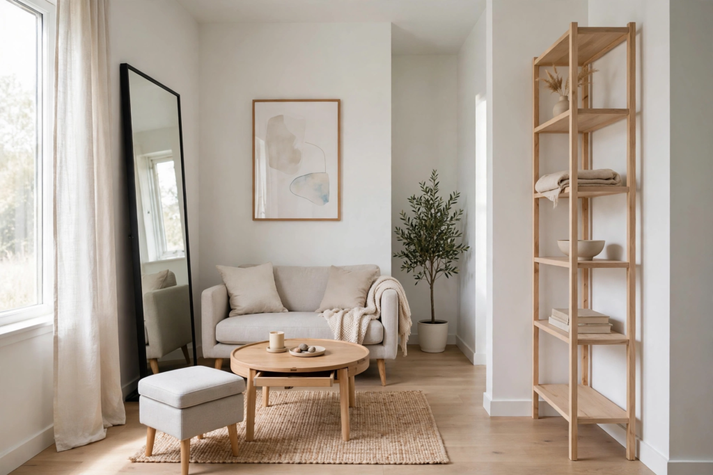 Decorating Ideas for the Home: 25 Stylish Ways to Refresh Every Room Small living room decorating ideas for the home featuring a full-length floor mirror, open wood shelving, and a neutral loveseat.