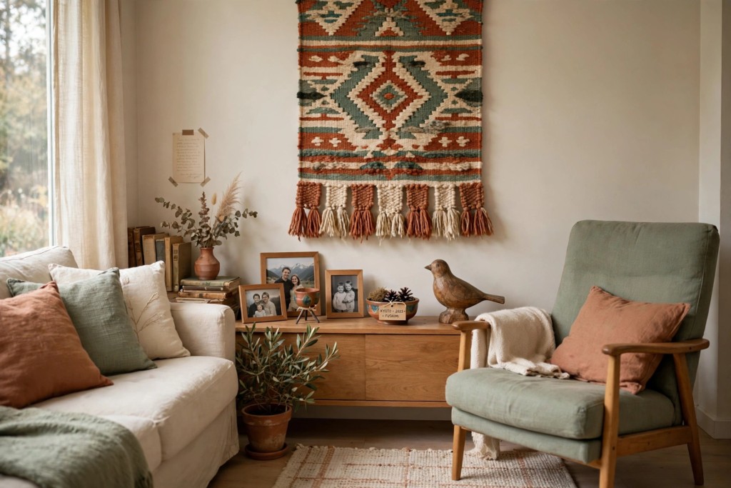 Decorating Ideas for the Home: 25 Stylish Ways to Refresh Every Room Boho decorating ideas for the home featuring a woven geometric wall tapestry above a wooden console table and sage green armchair.
