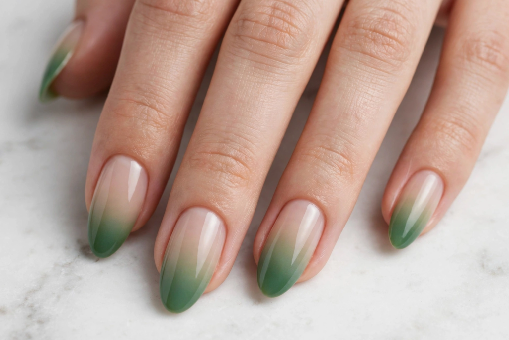 Gradient ombre french nails ideas featuring glossy oval nude nails softly blending into deep moss green tips.   