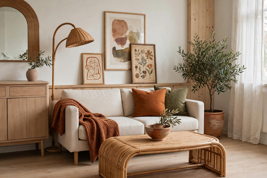Decorating Ideas for the Home: 25 Stylish Ways to Refresh Every Room Boho living room decorating ideas for the home featuring a rattan coffee table, arched floor lamp, and framed art ledge.