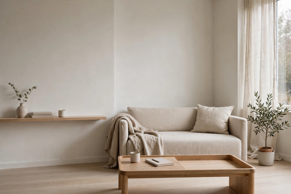 Decorating Ideas for the Home: 25 Stylish Ways to Refresh Every Room Minimalist decorating ideas for the home featuring a neutral loveseat, low wooden coffee table, and floating wall shelf.