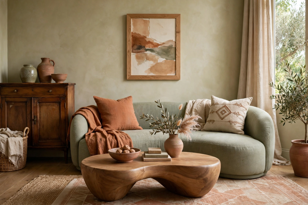 Decorating Ideas for the Home: 25 Stylish Ways to Refresh Every Room Earthy decorating ideas for the home featuring a sage green curved sofa, sculpted solid wood coffee table, and terracotta accents.