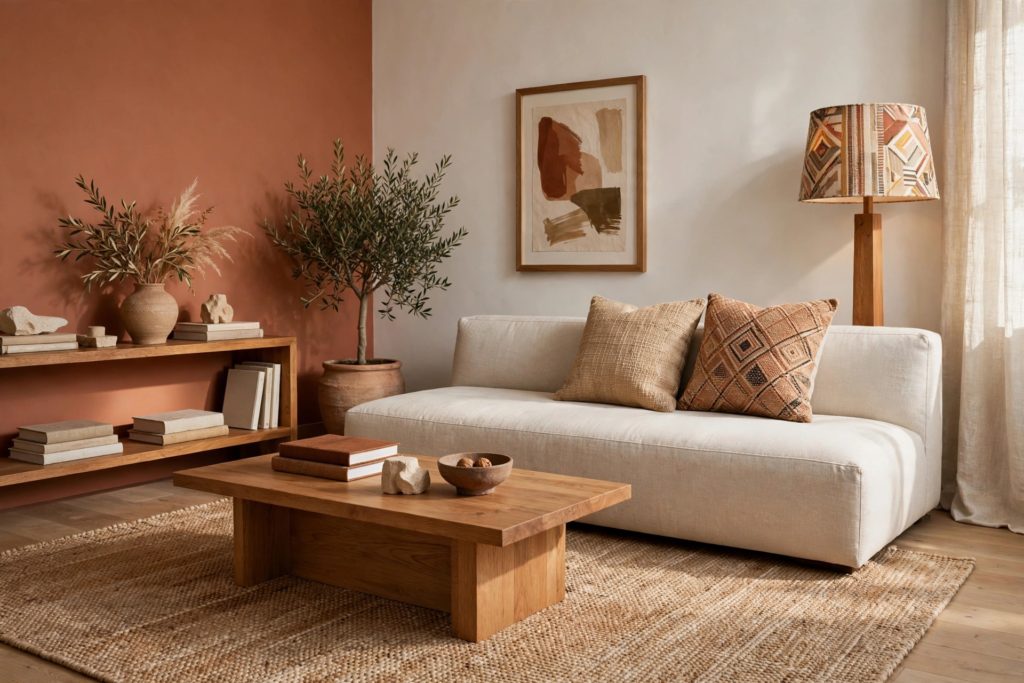 Decorating Ideas for the Home: 25 Stylish Ways to Refresh Every Room Terracotta accent wall decorating ideas for the home featuring a low modular cream sofa, wooden coffee table, and a patterned lampshade.