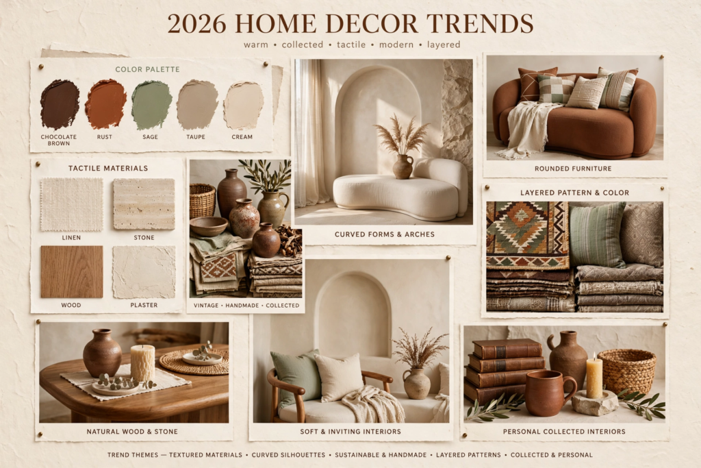 Decorating Ideas for the Home: 25 Stylish Ways to Refresh Every Room Mood board of 2026 decorating ideas for the home featuring warm color palettes, tactile materials, and curved furniture.