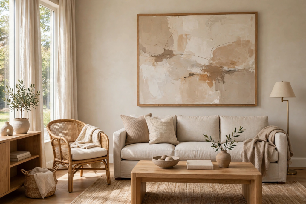 Decorating Ideas for the Home: 25 Stylish Ways to Refresh Every Room Neutral living room decorating ideas for the home featuring oversized abstract wall art, a linen sofa, and a wicker accent chair.