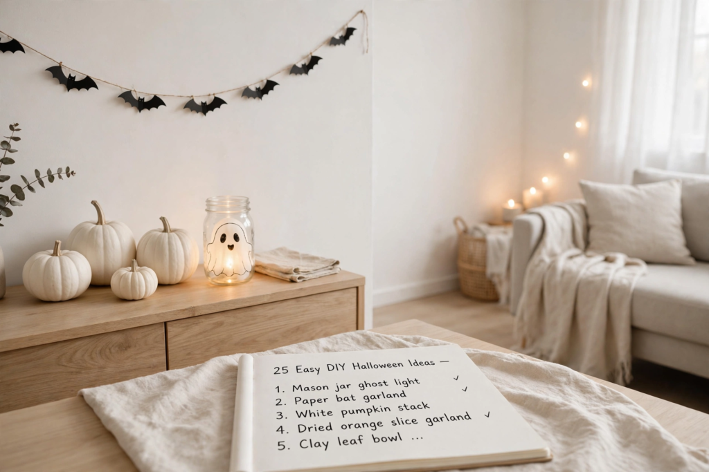 Minimalist living room featuring DIY Halloween decorations and crafts, including white pumpkins, a glowing ghost mason jar light, a black paper bat garland, and a handwritten craft ideas checklist.
