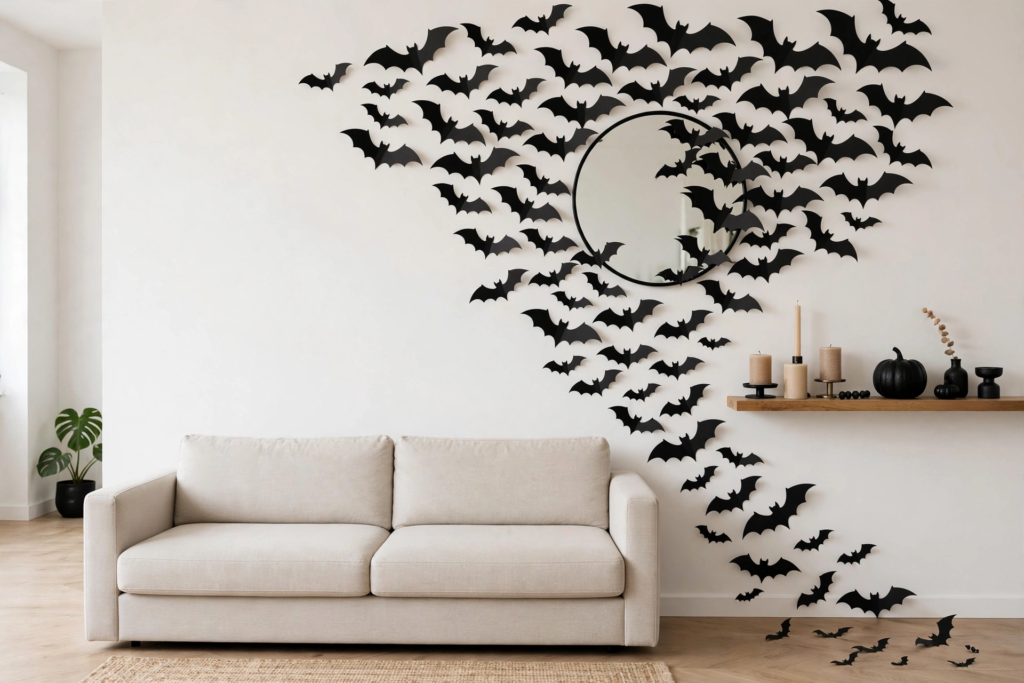 Minimalist living room featuring Halloween decorations and crafts, with a swarm of 3D black paper bats flying up a white wall around a round mirror beside a sofa.