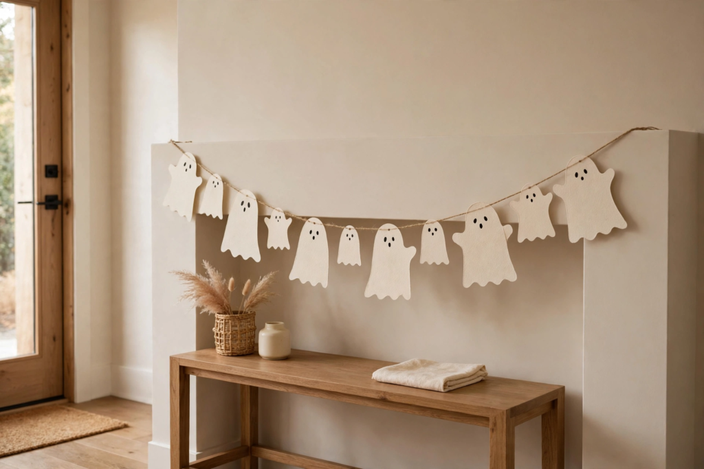 Minimalist entryway styled with Halloween decorations and crafts, featuring a handmade white felt ghost garland strung across a half-wall above a wooden console table.   