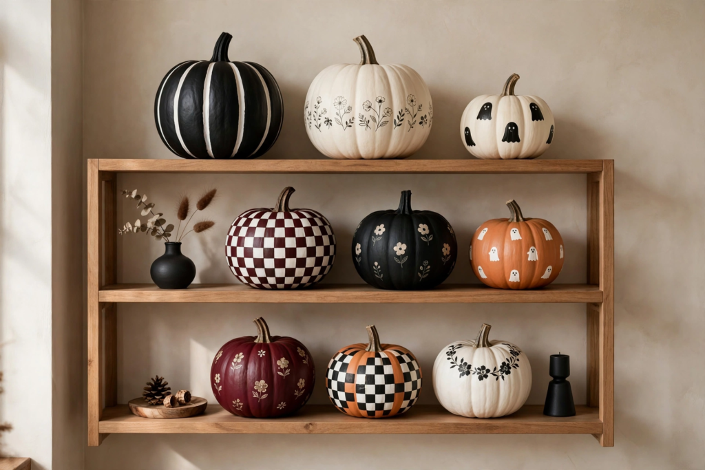 Three-tier wooden wall shelf displaying painted Halloween decorations and crafts, featuring pumpkins with checkered, floral, striped, and ghost patterns.   