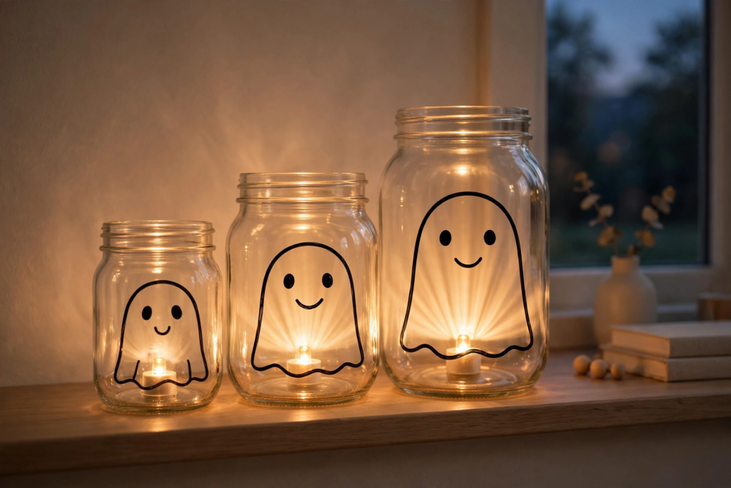 Three glowing mason jar lanterns with cute black ghost outlines placed on a wooden windowsill as DIY Halloween decorations and crafts.   
