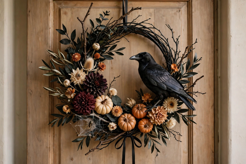Dark rustic front door wreath featuring a faux black crow, miniature pumpkins, and autumnal dahlias for elegant Halloween decorations and crafts.   