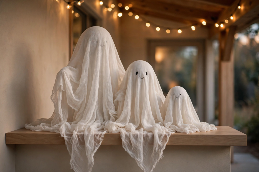 Trio of cute DIY cheesecloth ghosts sitting on an outdoor porch ledge as cozy Halloween decorations and crafts.   