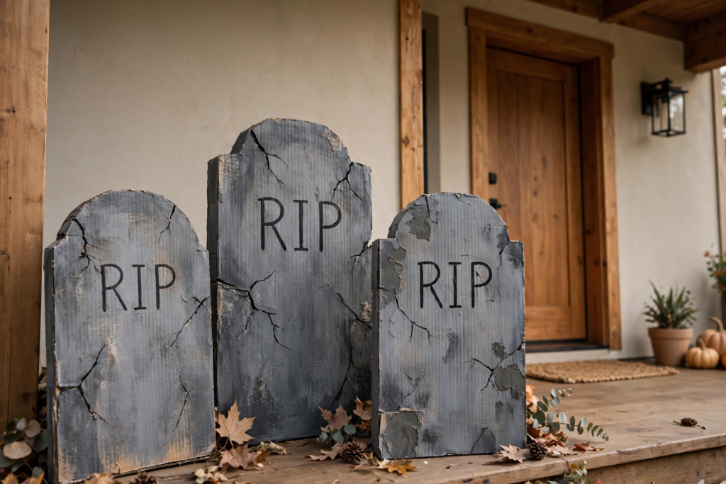 Three rustic faux-stone RIP tombstones surrounded by autumn leaves on a wooden porch for DIY Halloween decorations and crafts.   