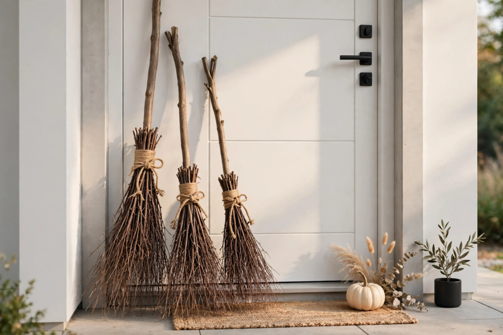 Three handmade rustic twig witch brooms leaning against a white front door as charming Halloween decorations and crafts.   