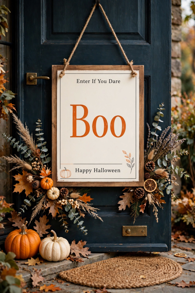 Framed "Boo" sign hanging on a dark front door adorned with dried autumn florals, pinecones, and mini pumpkins for cozy Halloween decorations and crafts.   