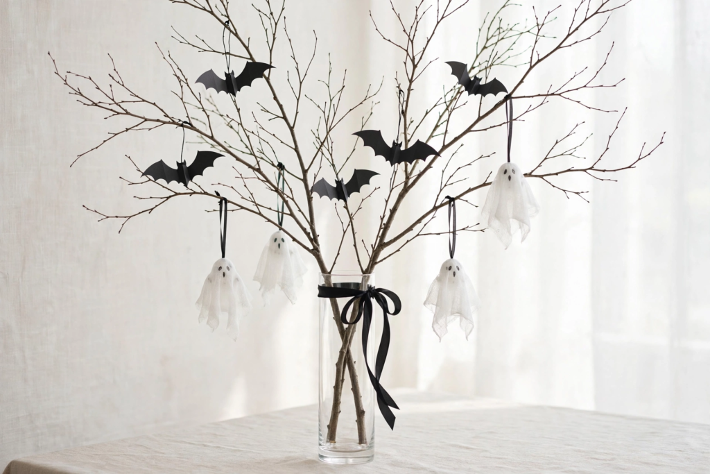 Minimalist Halloween decorations and crafts centerpiece featuring bare tree branches in a glass vase hung with paper bats and fabric ghost ornaments.   