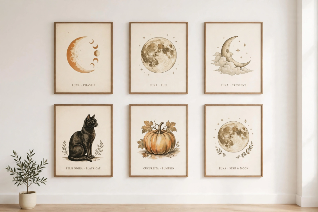 A gallery wall of framed vintage-style art prints featuring moon phases, a black cat, and a pumpkin for elegant Halloween decorations and crafts.   