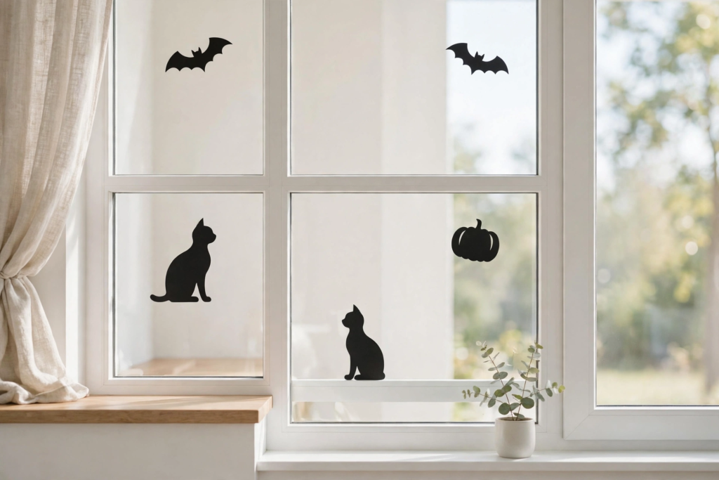 Black silhouette decals of cats, bats, and a pumpkin adorning a sunny window for simple Halloween decorations and crafts.   