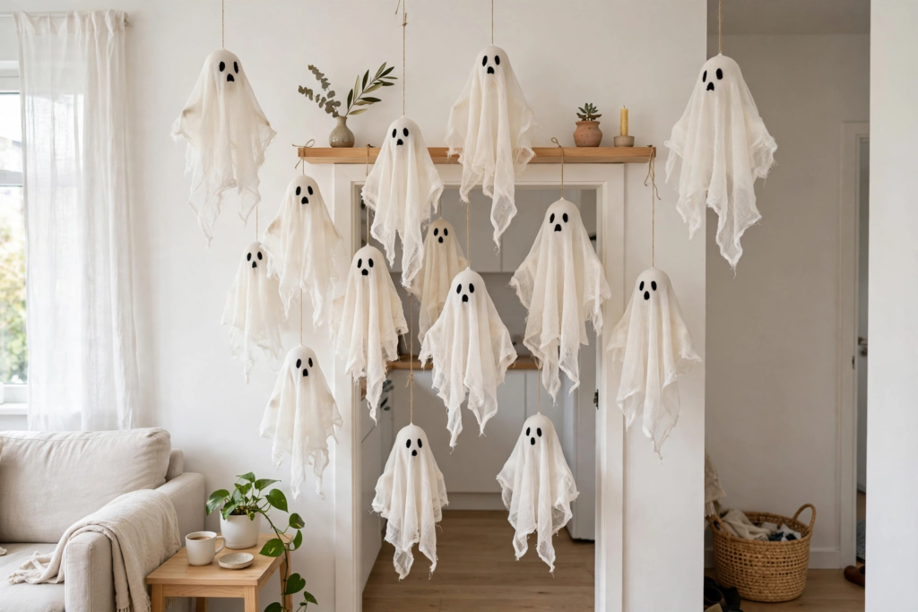 Easy Halloween decorations and crafts display showing a cluster of hanging cheesecloth ghosts suspended at varying heights in an interior entryway.   