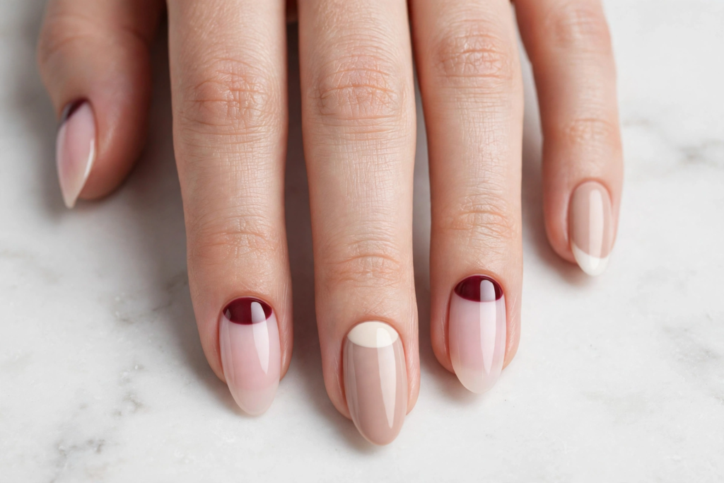 Modern reverse half-moon french nails ideas featuring glossy oval nude nails accented with burgundy red lunula cuffs and delicate white tips.   