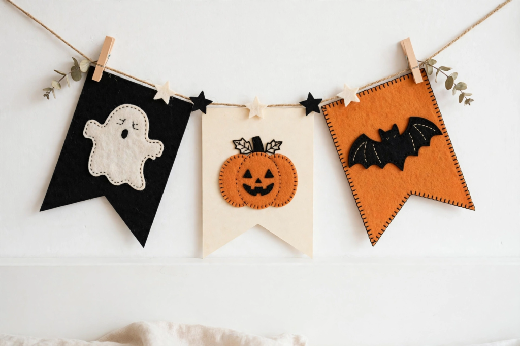 Easy Halloween decorations and crafts idea displaying a DIY felt bunting garland with a ghost, jack-o'-lantern, and bat pegged to twine.   