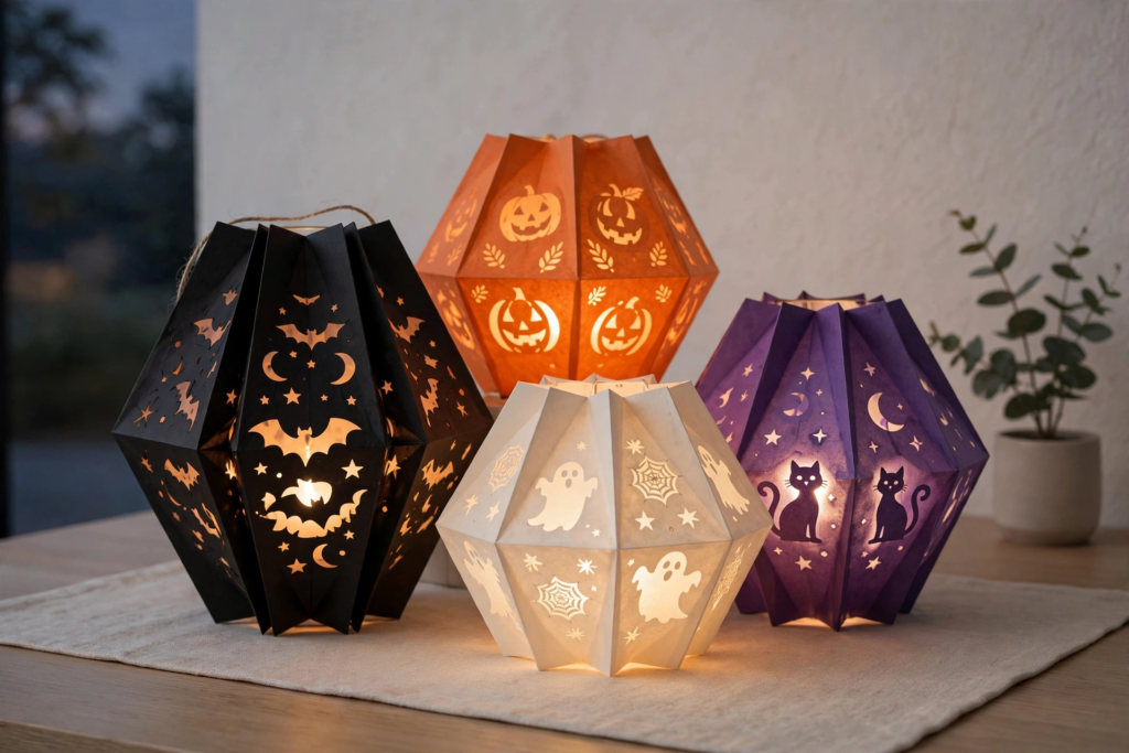 Four glowing origami paper lanterns with cut-out bats, pumpkins, ghosts, and black cats for DIY Halloween decorations and crafts.   