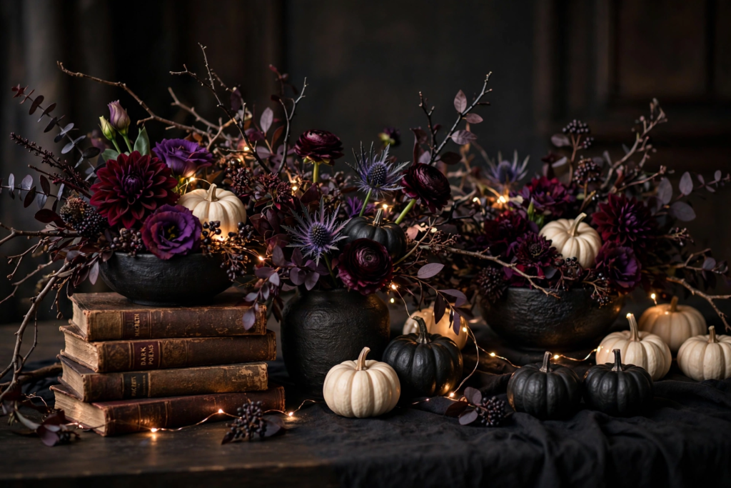 Moody gothic tabletop floral centerpiece with deep purple dahlias, mini pumpkins, fairy lights, and antique books for elegant Halloween decorations and crafts.   