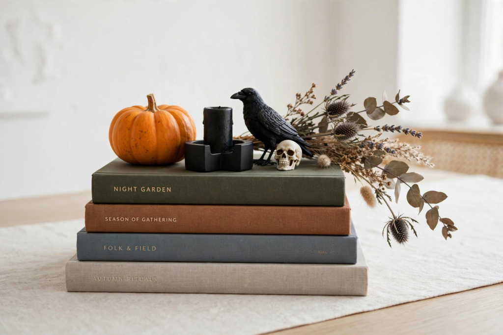 Moody tabletop vignette of Halloween decorations and crafts featuring stacked hardcover books topped with a mini pumpkin, black raven, skull, and candle.   