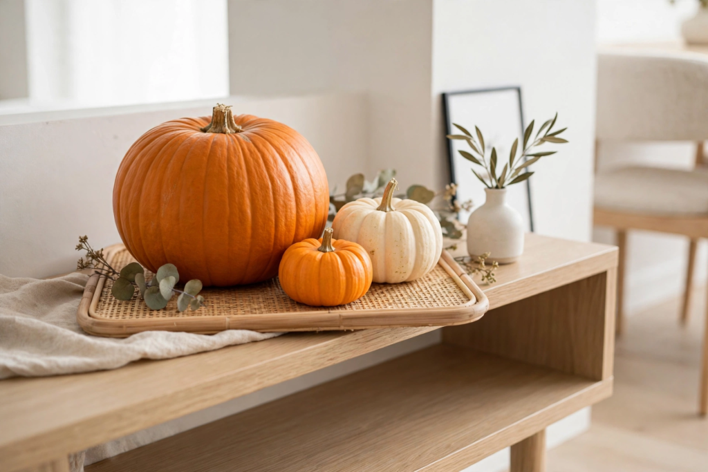 Minimalist trio of orange and white pumpkins arranged on a woven rattan tray for simple Halloween decorations and crafts.   