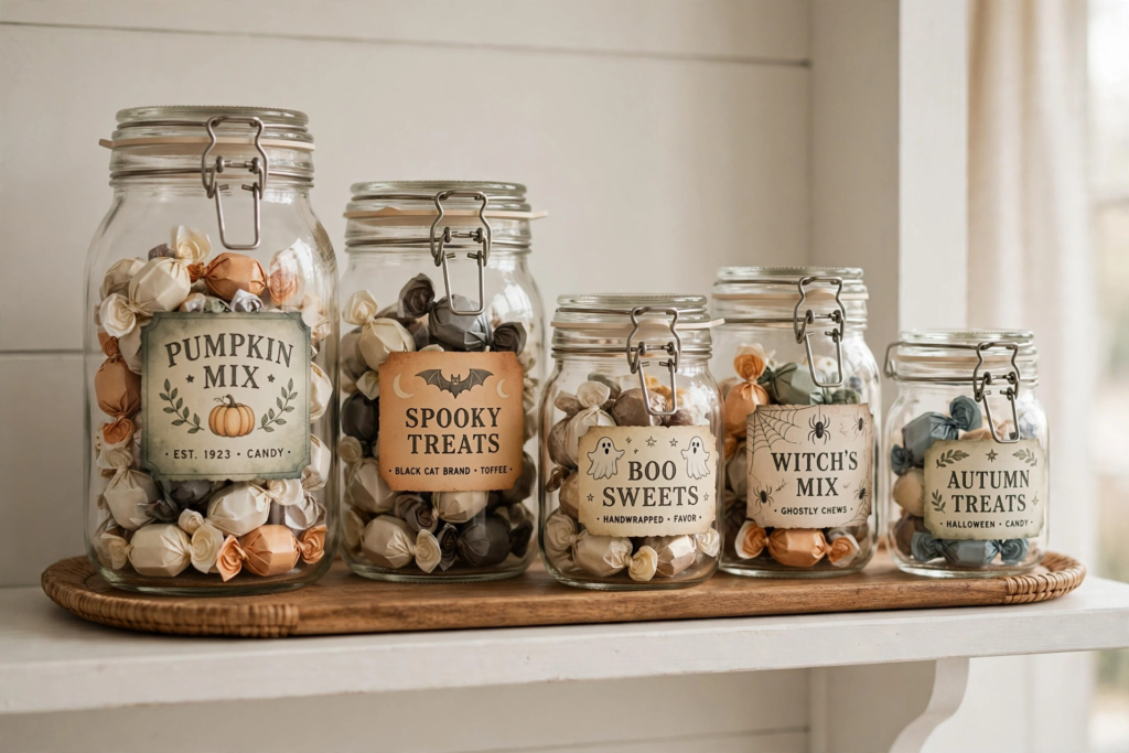 Lineup of glass apothecary candy jars with vintage apothecary labels for charming Halloween decorations and crafts.   