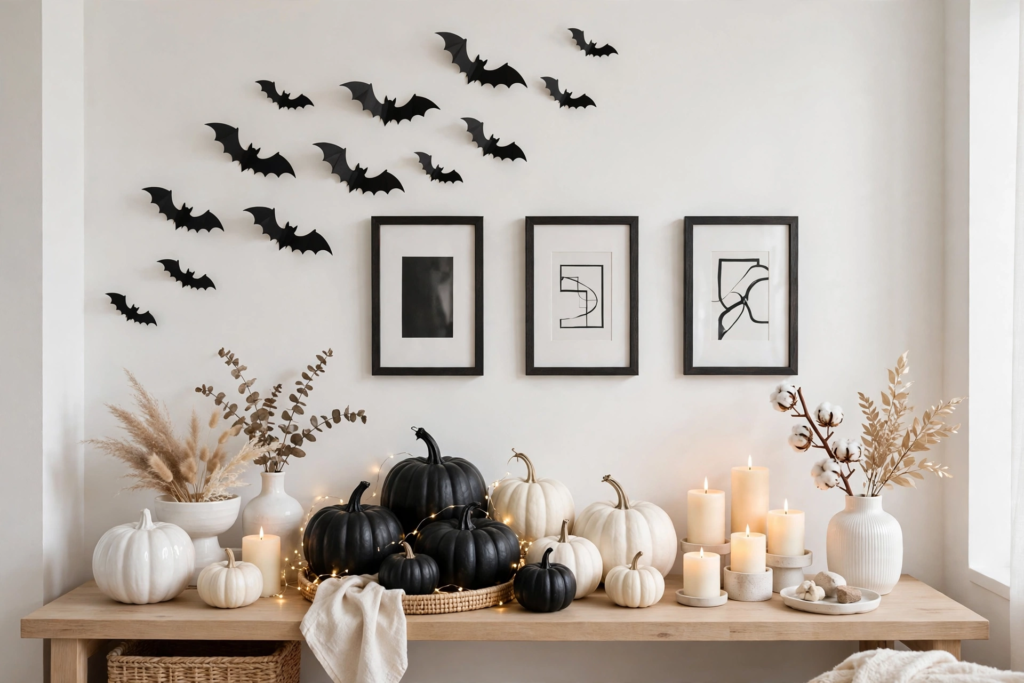 Chic black and white Halloween decorations and crafts vignette featuring painted pumpkins, glowing pillar candles, and a flight of 3D wall bats above a wooden console table.   
