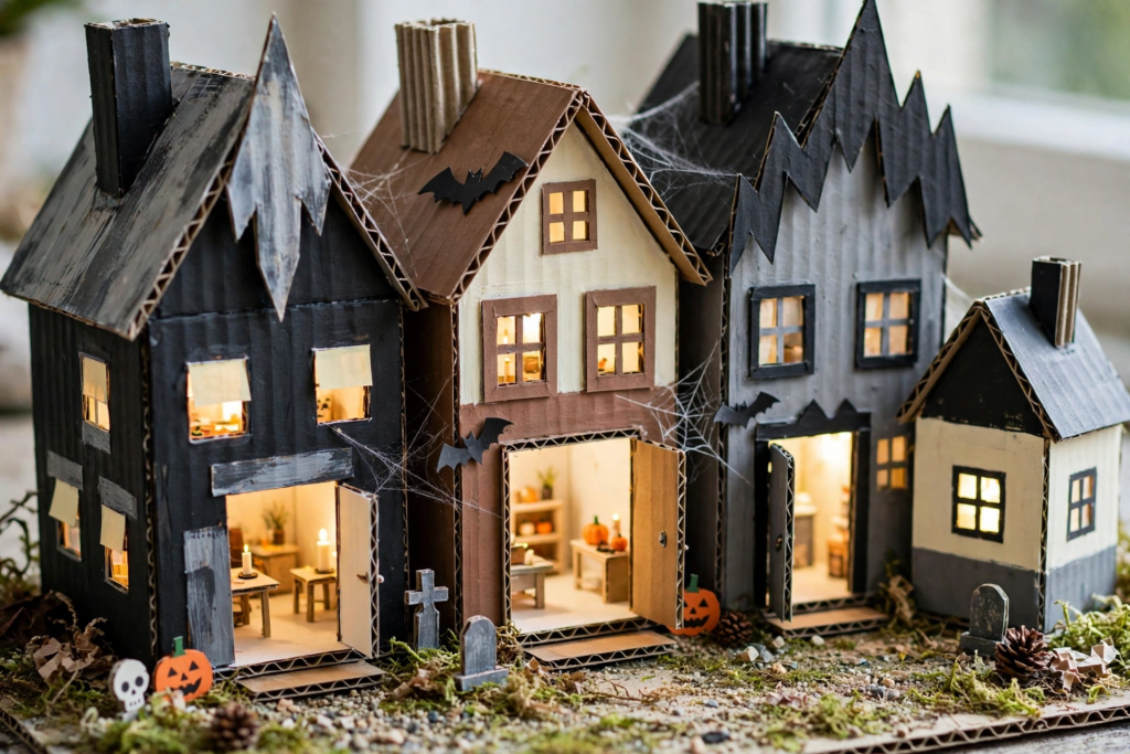 Miniature haunted village made from corrugated cardboard with glowing windows and tiny tombstones for creative Halloween decorations and crafts.   