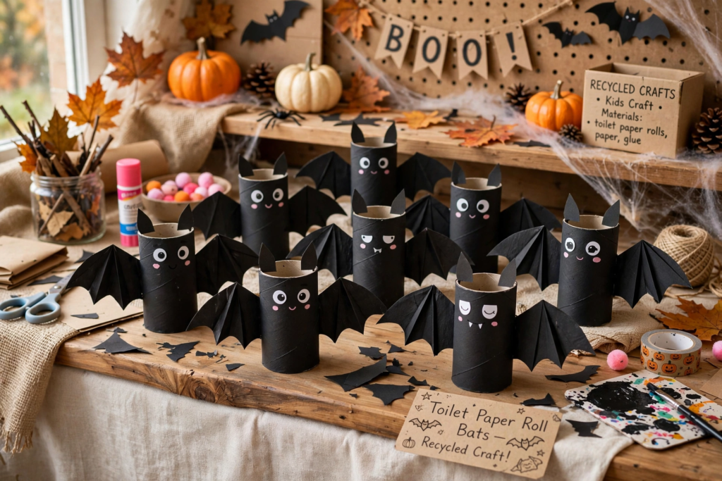 Miniature haunted village made from corrugated cardboard with glowing windows and tiny tombstones for creative Halloween decorations and crafts.   