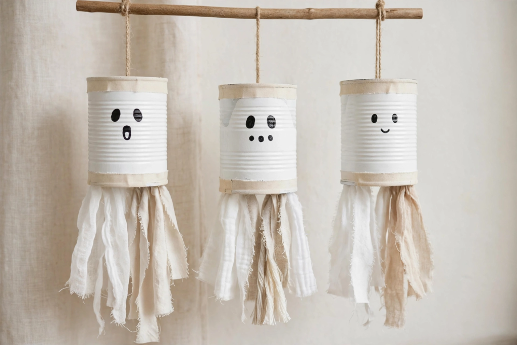 Three recycled tin can ghosts with fabric ribbon fringe hanging from a wooden branch for DIY Halloween decorations and crafts.   
