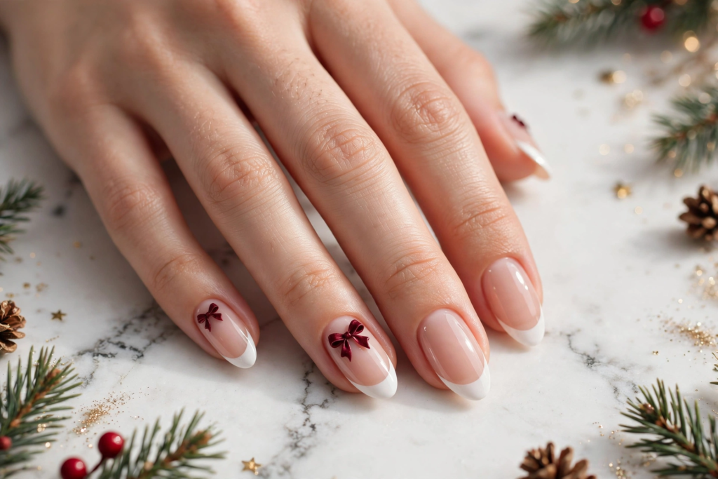 Elegant Christmas french nails ideas showing neatly manicured oval nails with crisp white French tips accented by tiny red coquette bows surrounded by festive pine greenery.   