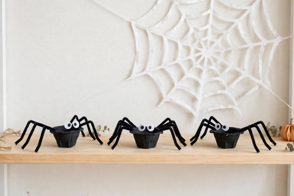 Three DIY egg carton spiders with pipe cleaner legs and googly eyes displayed below a paper spiderweb for fun Halloween decorations and crafts.   
