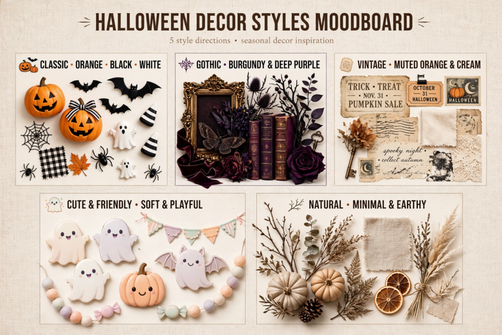 Halloween decor styles moodboard showcasing five themes from classic to gothic for Halloween decorations and crafts inspiration.   