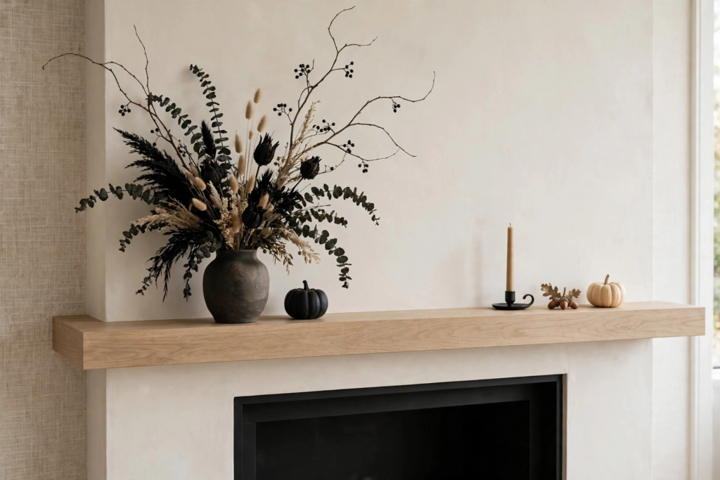 Minimalist fireplace mantel styled with dark floral botanicals, mini pumpkins, and a taper candle for elegant Halloween decorations and crafts.