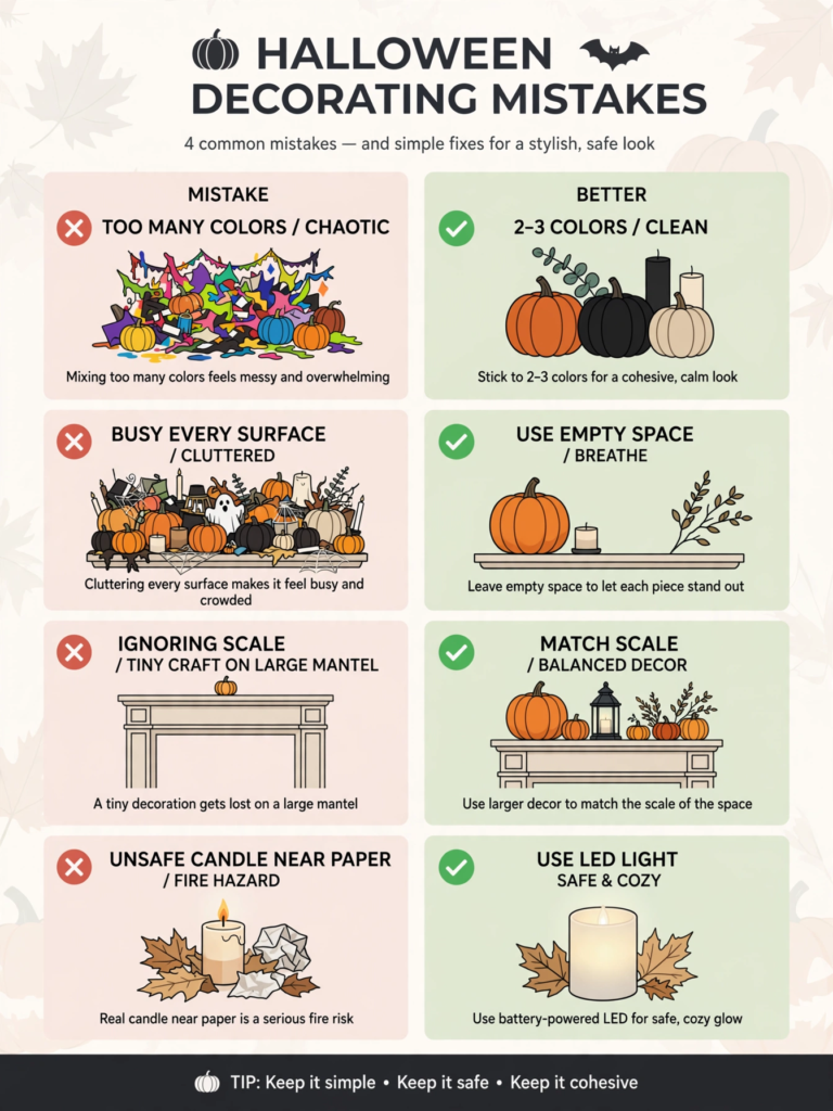 Infographic illustrating four common Halloween decorating mistakes and stylish solutions for Halloween decorations and crafts.   
