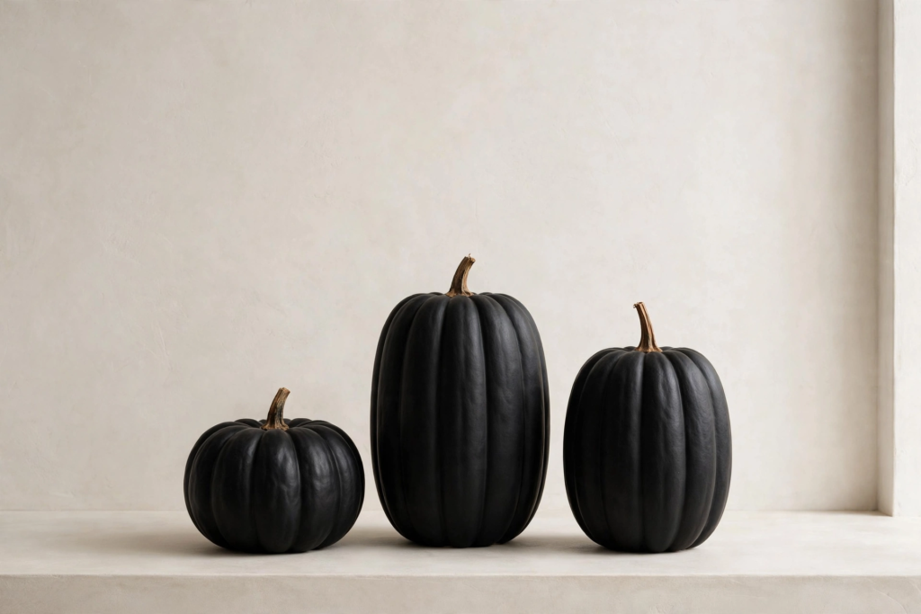 Trio of matte black painted pumpkins displayed against a neutral wall for modern Halloween decorations and crafts.   