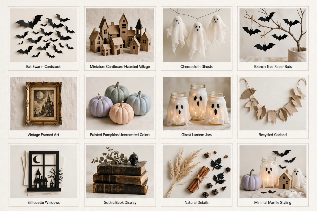 A 12-photo grid of creative DIY ideas including paper bats, ghost lanterns, and painted pumpkins for stylish Halloween decorations and crafts.   