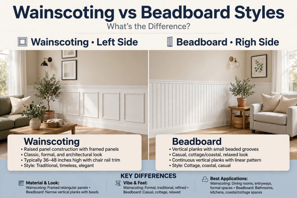 Wainscoting and Beadboard Styles: What’s the Difference? Comparison guide illustrating wainscoting and beadboard styles, highlighting differences in paneling, room vibes, and wall trim design.