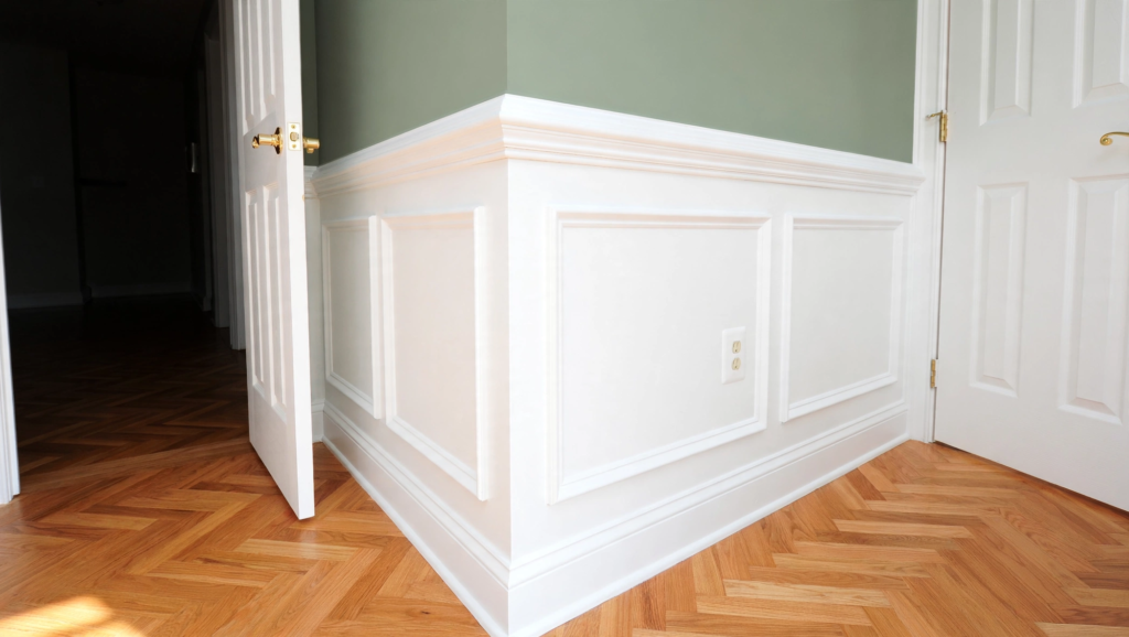 Wainscoting and Beadboard Styles: What’s the Difference? Classic white wainscoting paneling with picture frame molding along a sage green wall and herringbone hardwood floors.