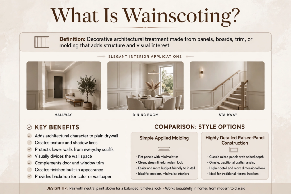 Wainscoting and Beadboard Styles: What’s the Difference? Educational guide explaining what is wainscoting, including interior room applications, key benefits, and trim style comparisons.