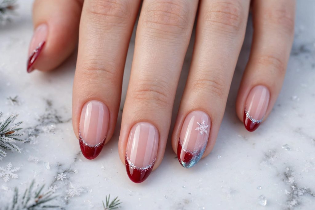 Sparkling holiday french nails ideas featuring glossy oval nude nails with deep cranberry red tips, silver glitter cuff accents, and a painted white snowflake.   